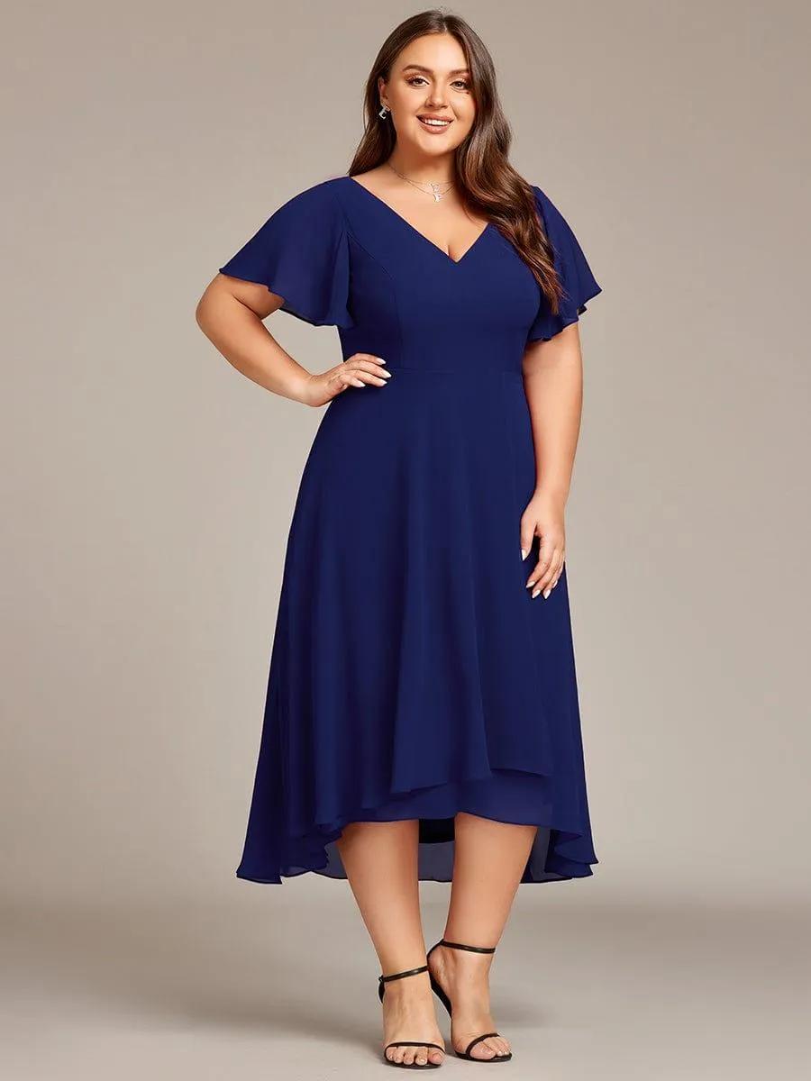Rina | Plus Size Flowing Chiffon V-Neck Ruffle Sleeves Bridesmaid Dress