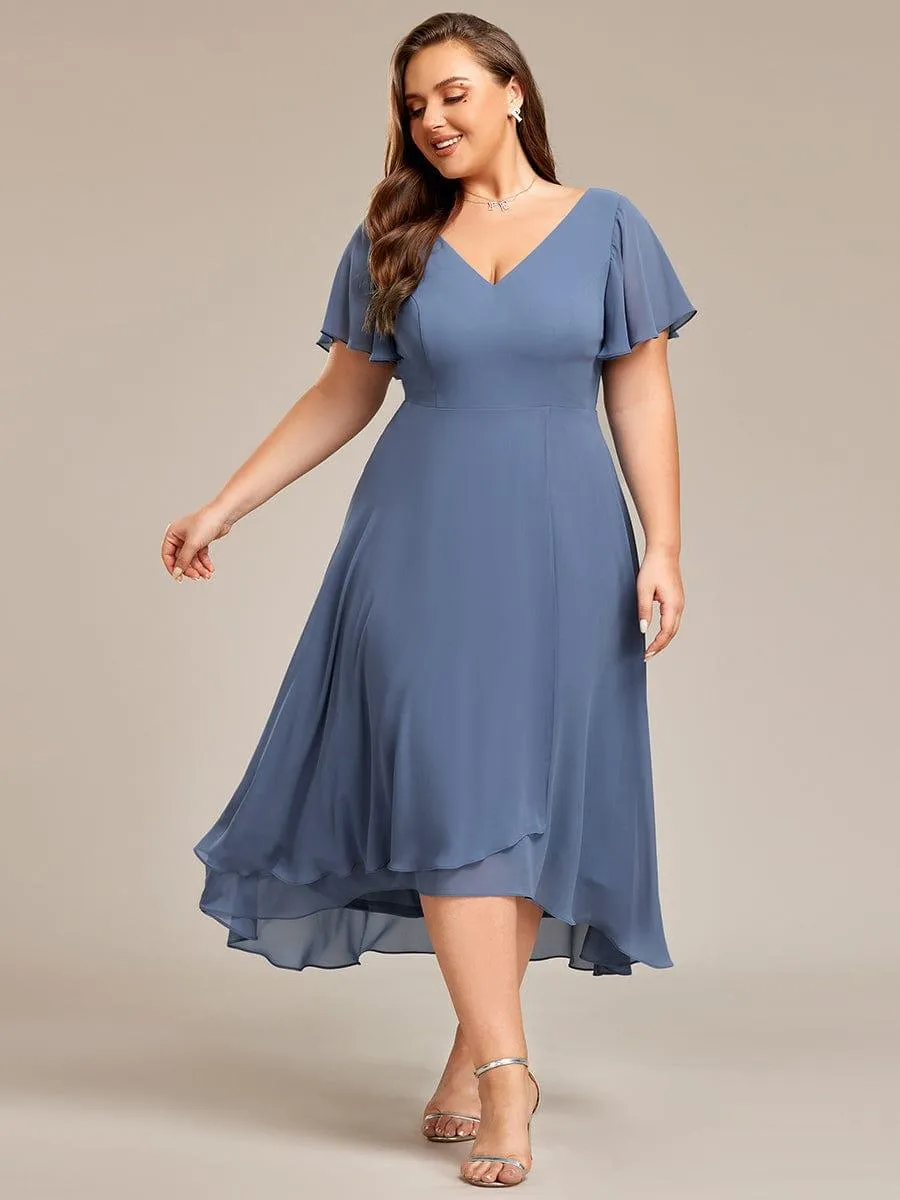 Rina | Plus Size Flowing Chiffon V-Neck Ruffle Sleeves Bridesmaid Dress
