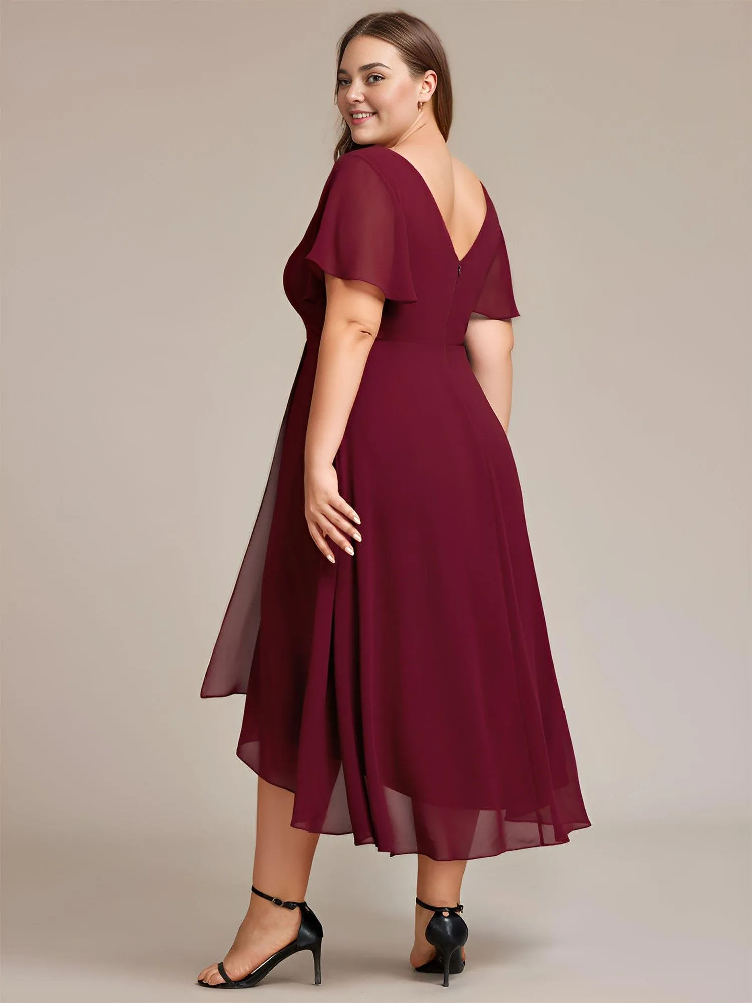 Rina | Plus Size Flowing Chiffon V-Neck Ruffle Sleeves Bridesmaid Dress