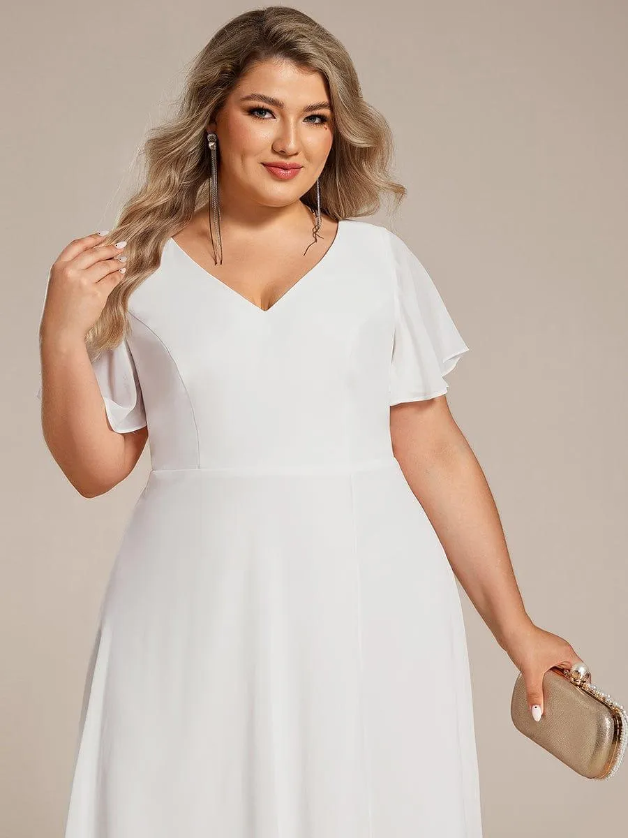 Rina | Plus Size Flowing Chiffon V-Neck Ruffle Sleeves Bridesmaid Dress
