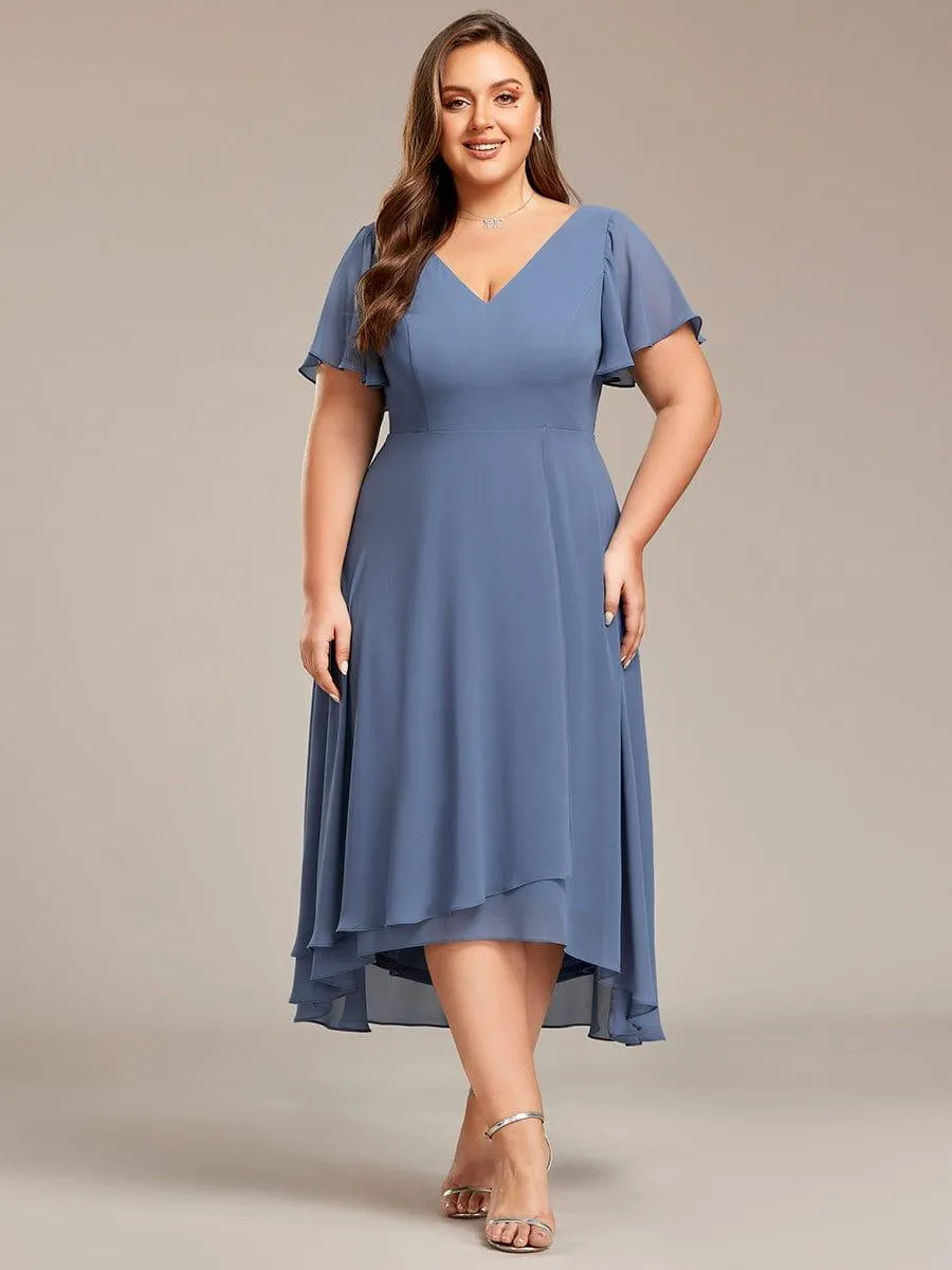 Rina | Plus Size Flowing Chiffon V-Neck Ruffle Sleeves Bridesmaid Dress