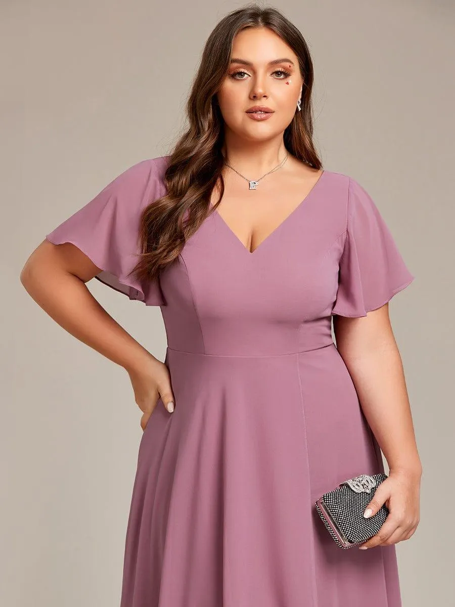 Rina | Plus Size Flowing Chiffon V-Neck Ruffle Sleeves Bridesmaid Dress
