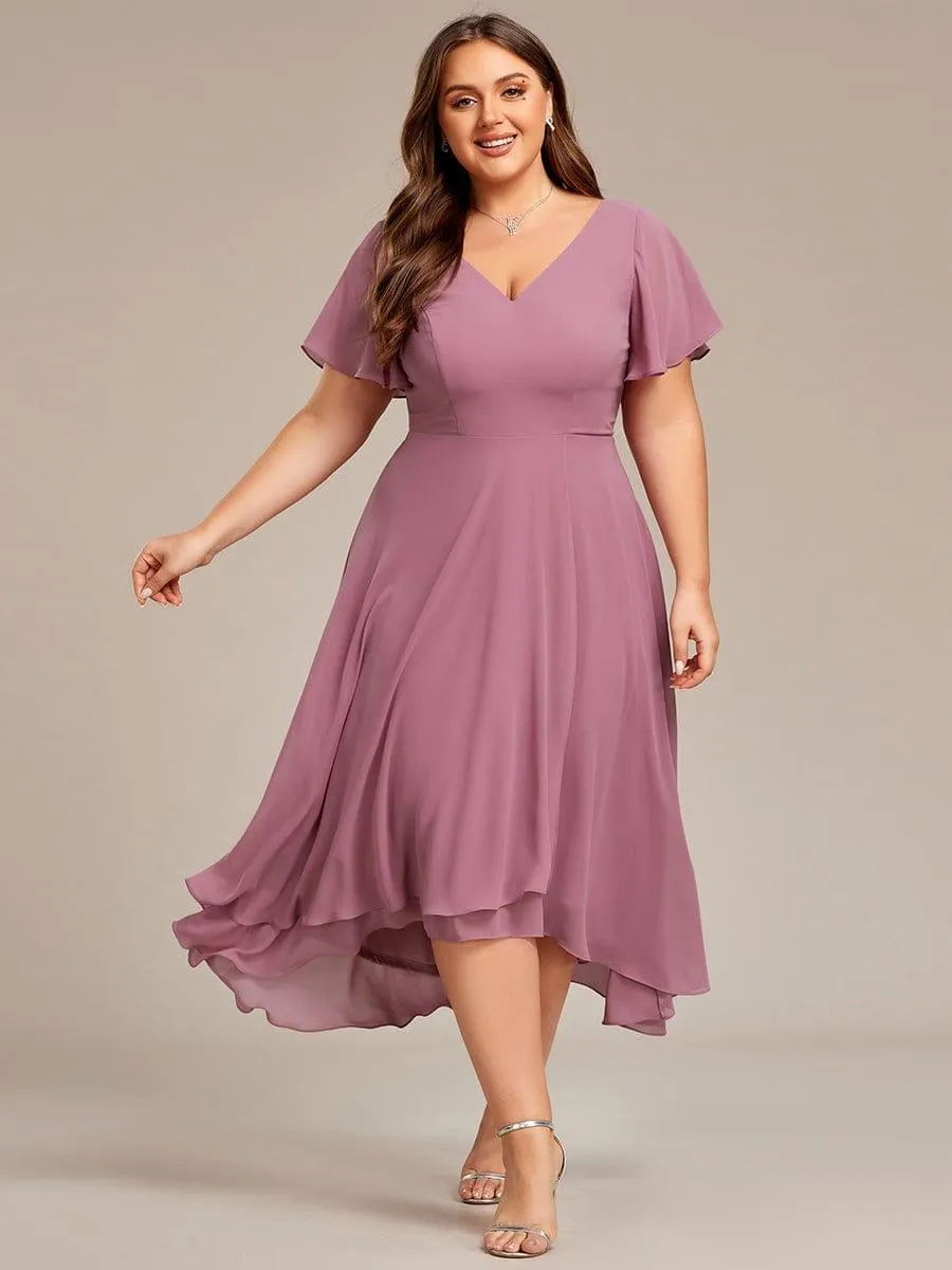 Rina | Plus Size Flowing Chiffon V-Neck Ruffle Sleeves Bridesmaid Dress