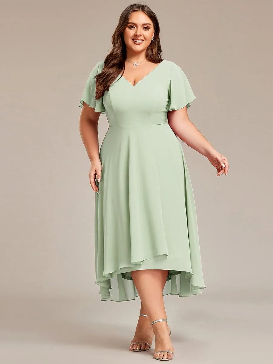 Rina | Plus Size Flowing Chiffon V-Neck Ruffle Sleeves Bridesmaid Dress