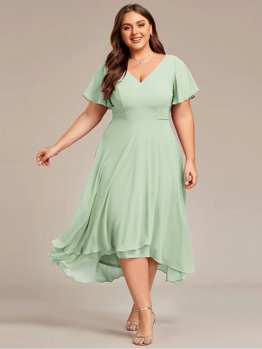 Rina | Plus Size Flowing Chiffon V-Neck Ruffle Sleeves Bridesmaid Dress