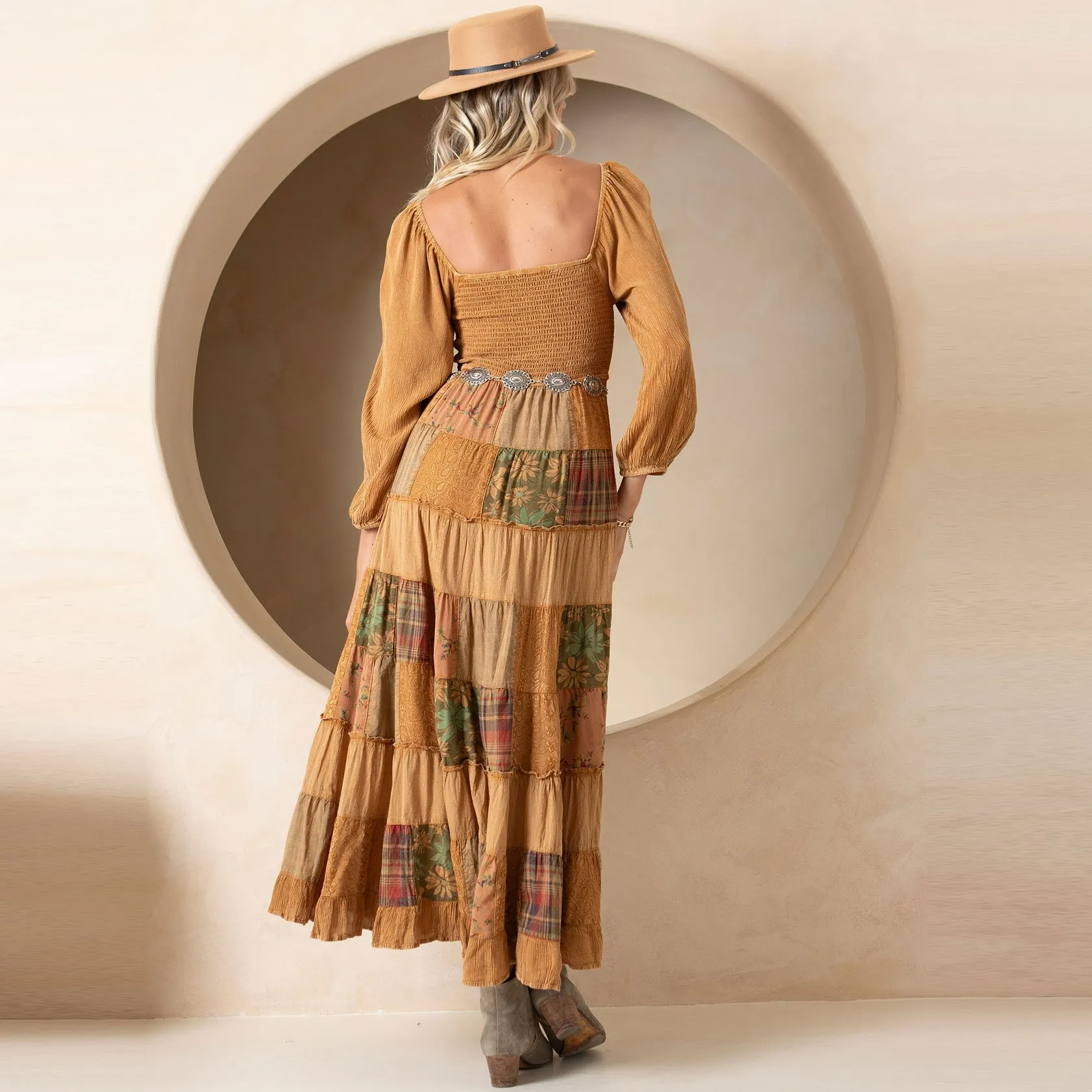 Rustic Bohemian Smocked Patchwork Maxi Dress