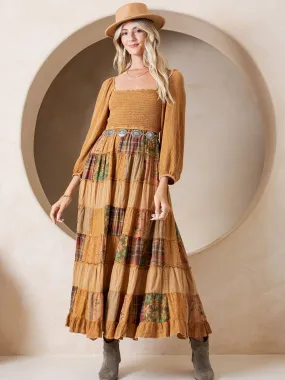 Rustic Bohemian Smocked Patchwork Maxi Dress