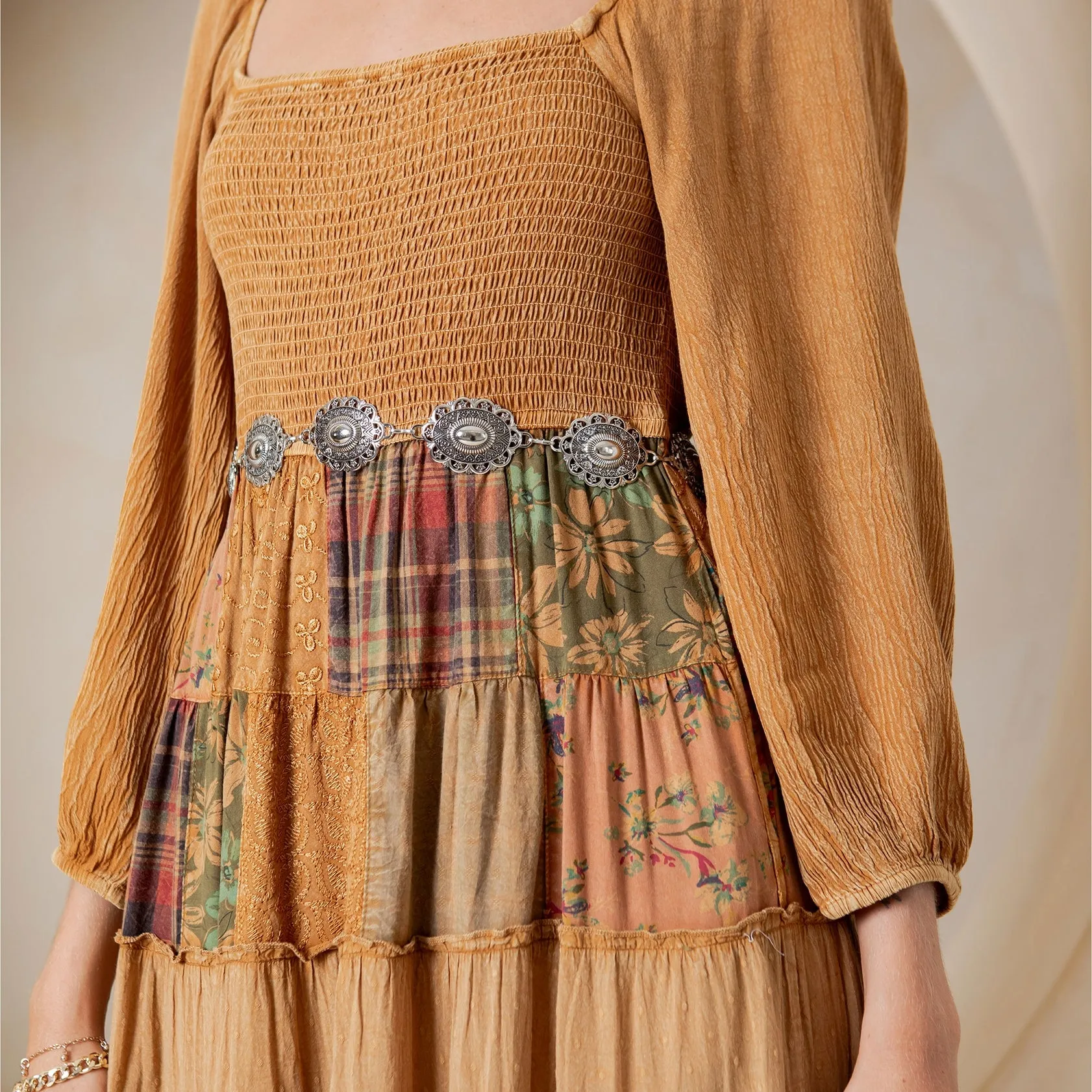 Rustic Bohemian Smocked Patchwork Maxi Dress