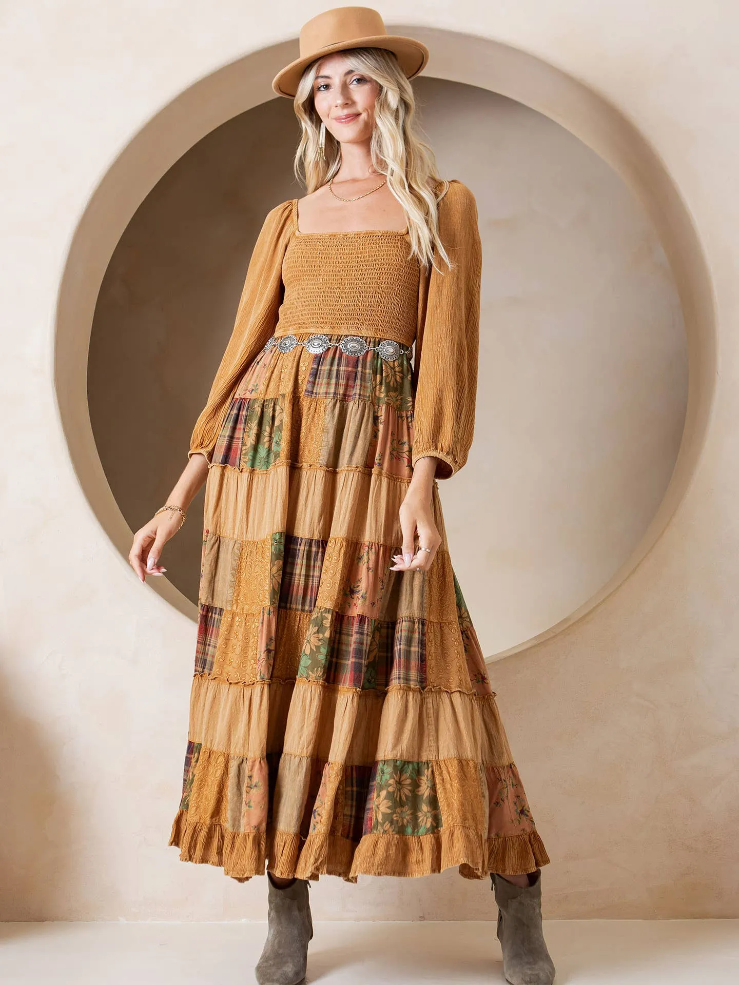 Rustic Bohemian Smocked Patchwork Maxi Dress