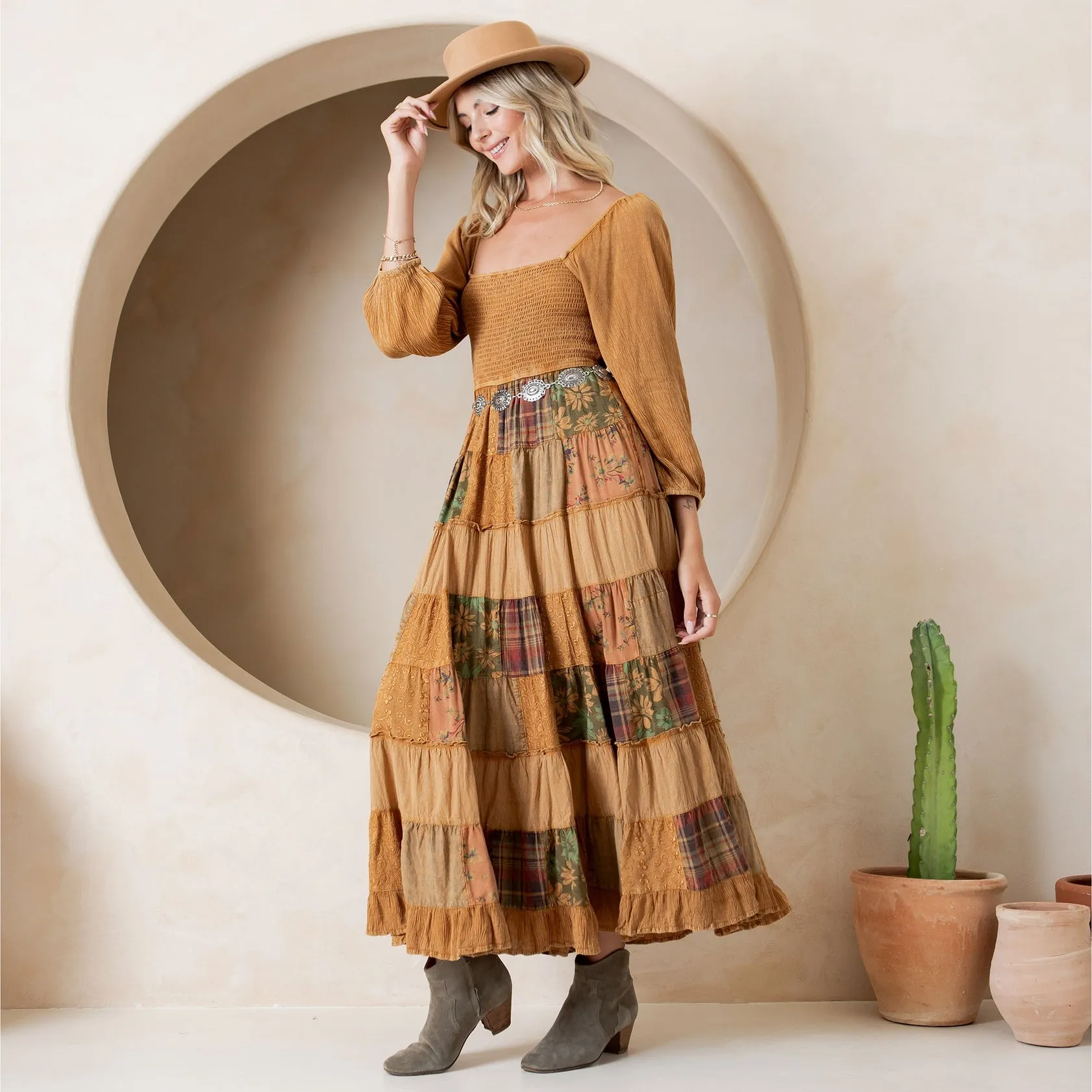 Rustic Bohemian Smocked Patchwork Maxi Dress