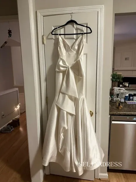 Rustic Mermaid Spaghetti Straps Back Bow Satin Wedding Dress lpk915