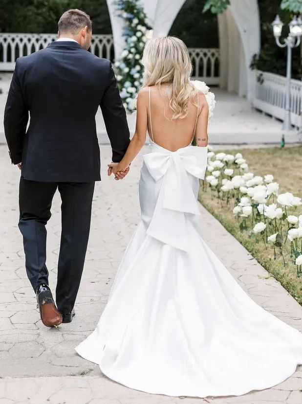 Rustic Mermaid Spaghetti Straps Back Bow Satin Wedding Dress lpk915