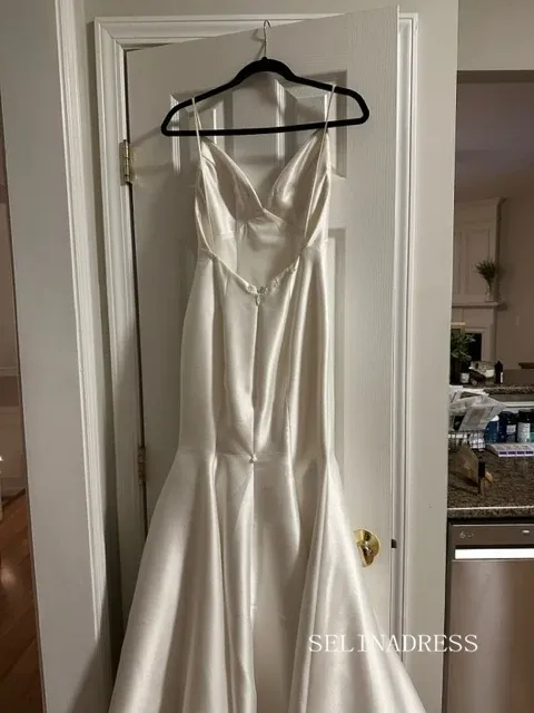 Rustic Mermaid Spaghetti Straps Back Bow Satin Wedding Dress lpk915