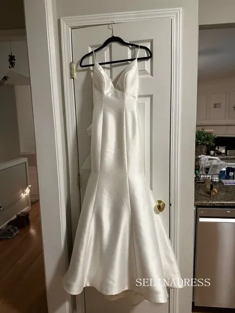 Rustic Mermaid Spaghetti Straps Back Bow Satin Wedding Dress lpk915