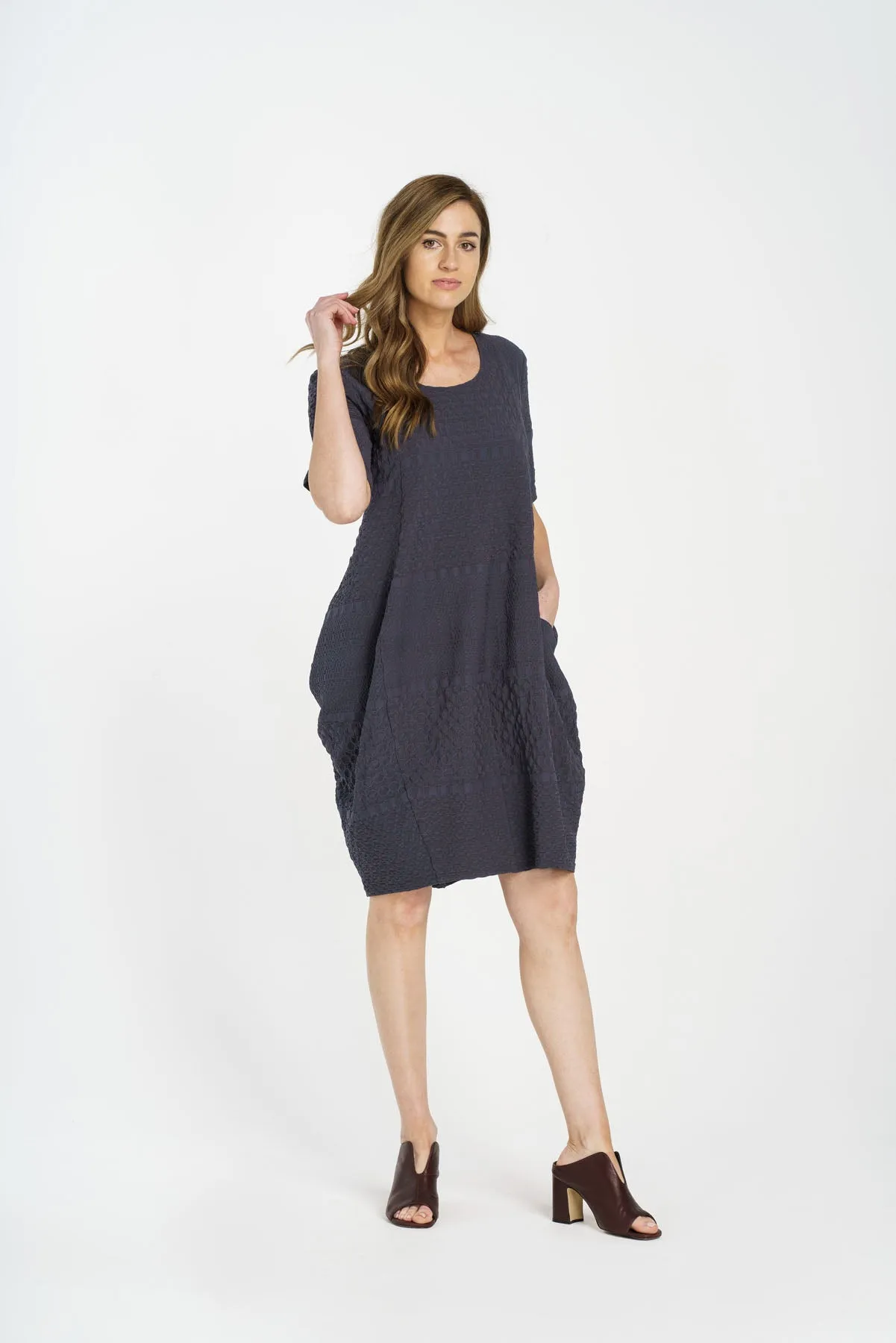 Short Sleeve Side Pockets Dress - Charcoal Jacquard 2257