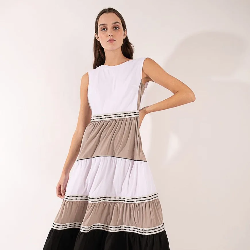 Sleeveless Color Block Tiered Maxi Dress Orange