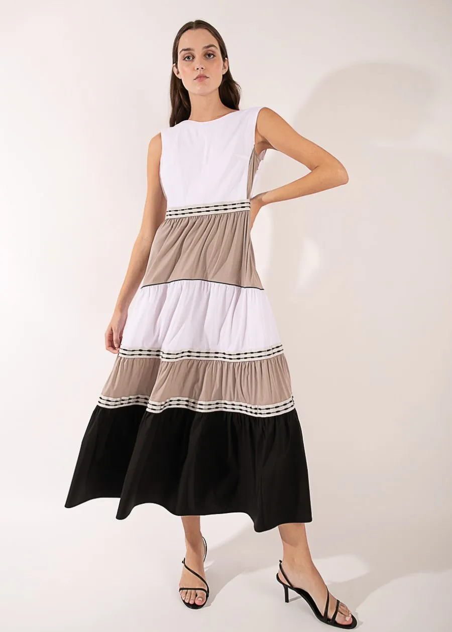 Sleeveless Color Block Tiered Maxi Dress Orange