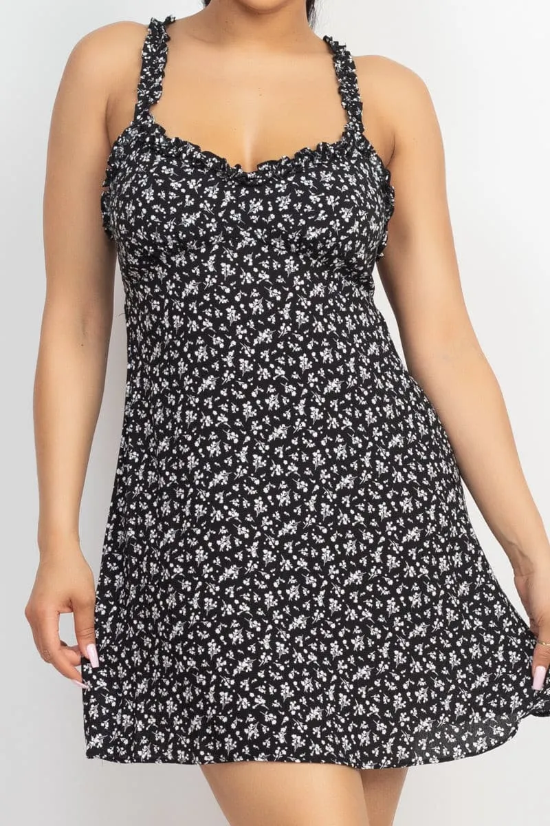 Smocking Sleeve Mini Print Dress - Black - Ships from The US