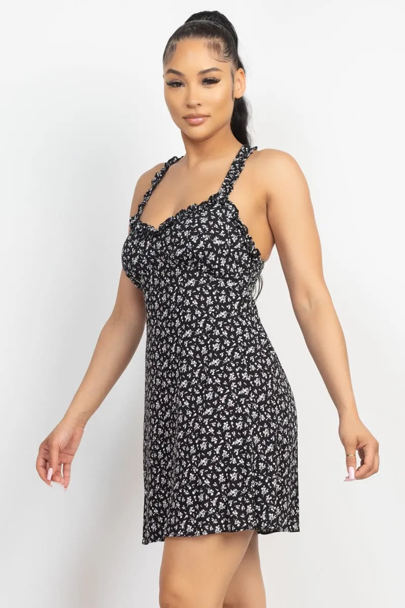 Smocking Sleeve Mini Print Dress - Black - Ships from The US