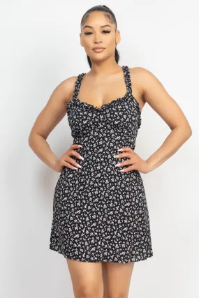 Smocking Sleeve Mini Print Dress - Black - Ships from The US