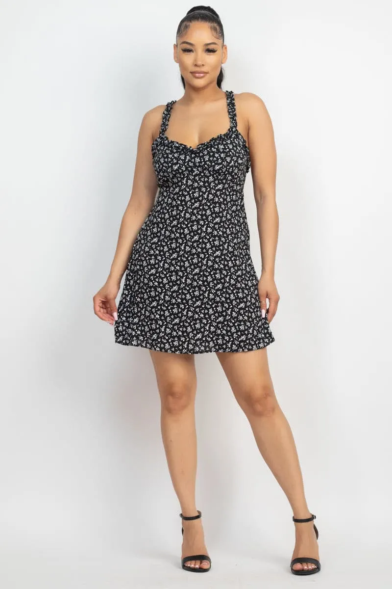 Smocking Sleeve Mini Print Dress - Black - Ships from The US
