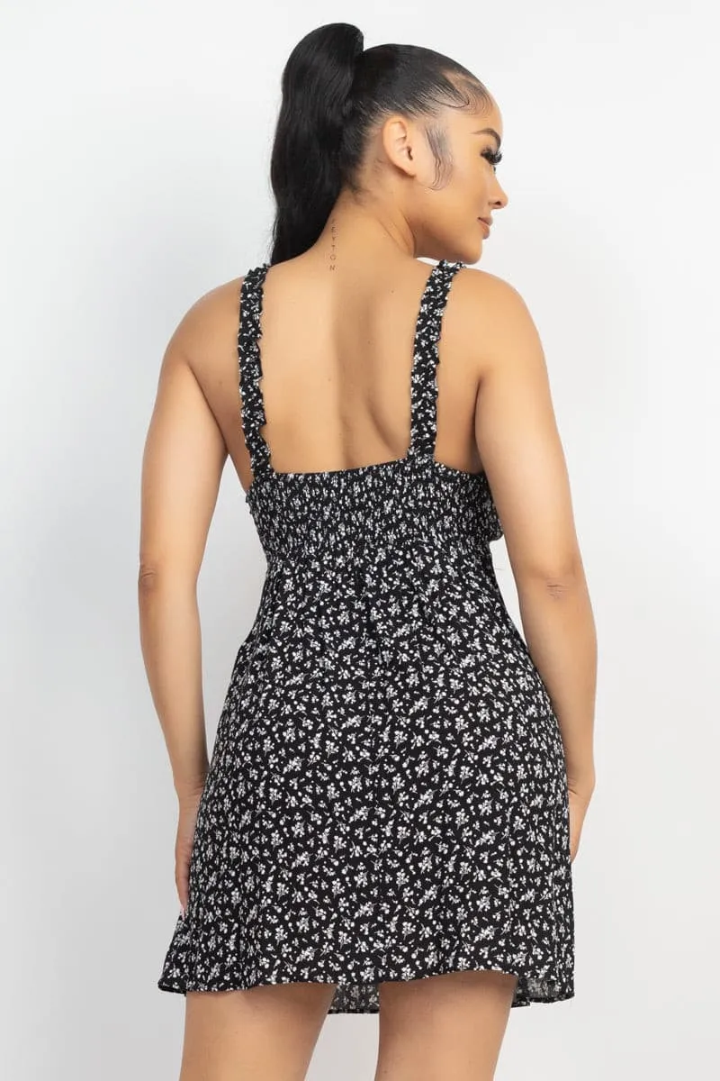 Smocking Sleeve Mini Print Dress - Black - Ships from The US