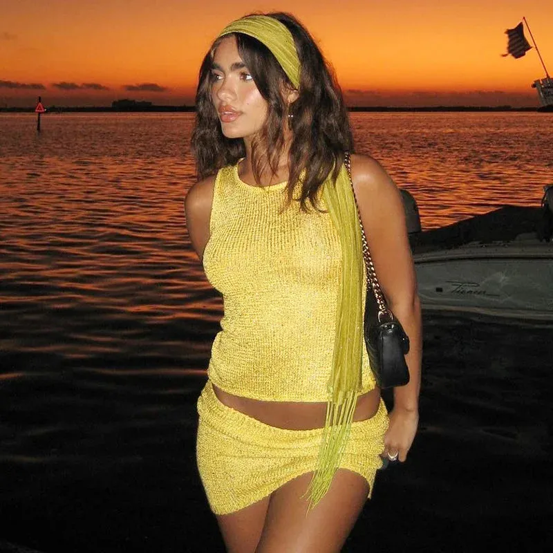 Solid Knit Top And Mini Skirt 2 Pcs Suit
