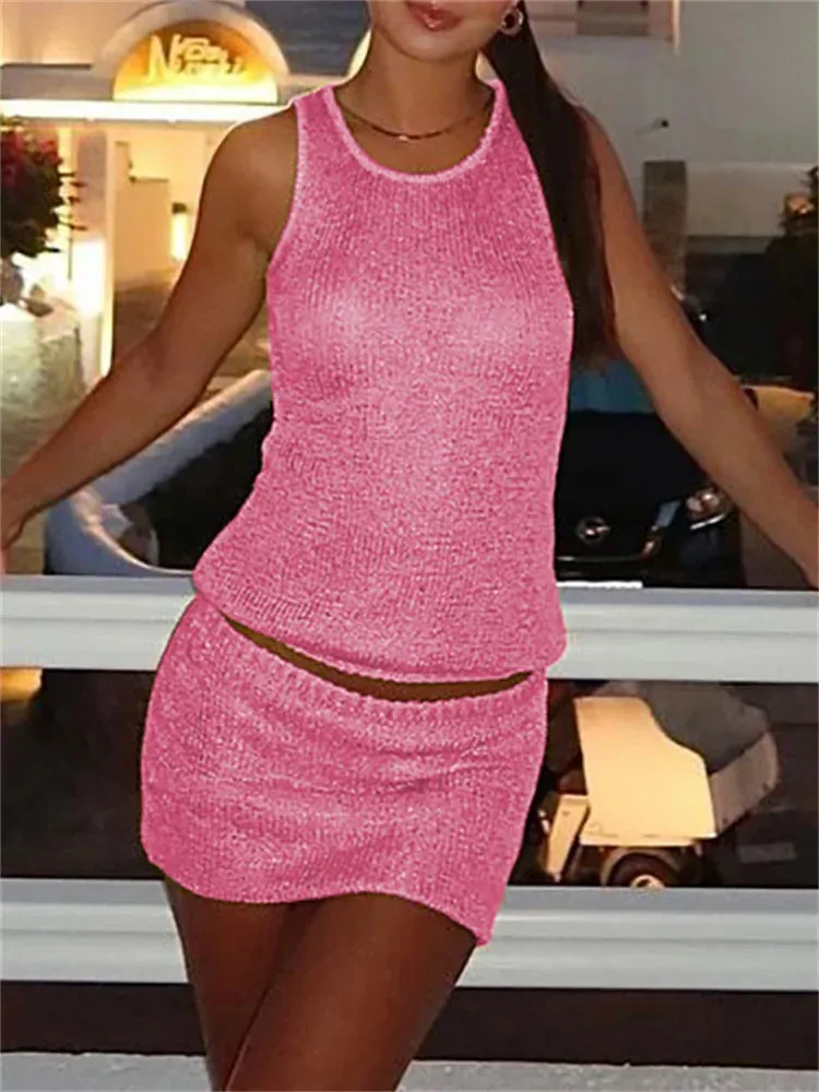 Solid Knit Top And Mini Skirt 2 Pcs Suit