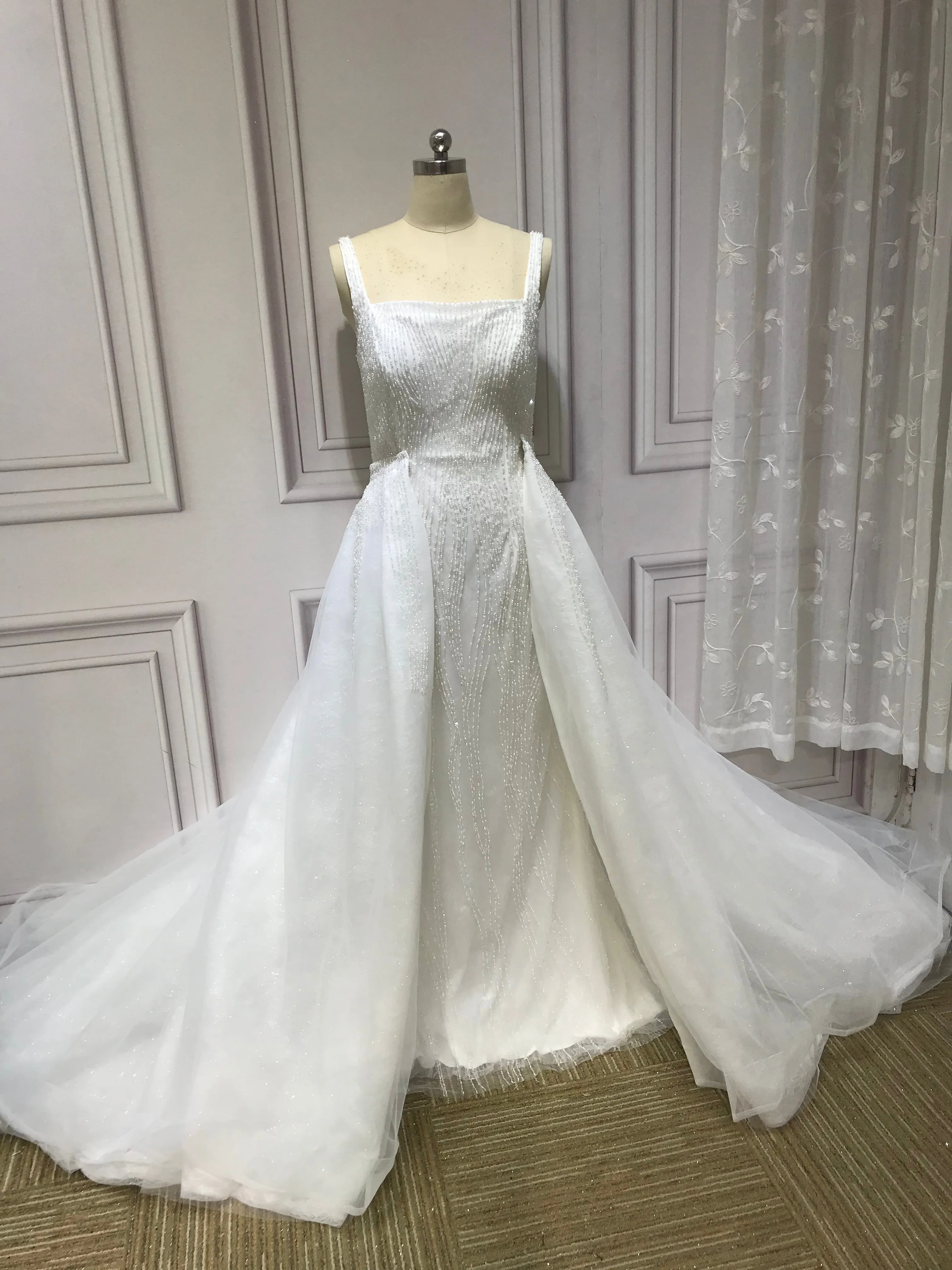 Spaghetti crystals pearls heavy fully beaded mermaid with detachable over skirt two pieces wedding dress 2023