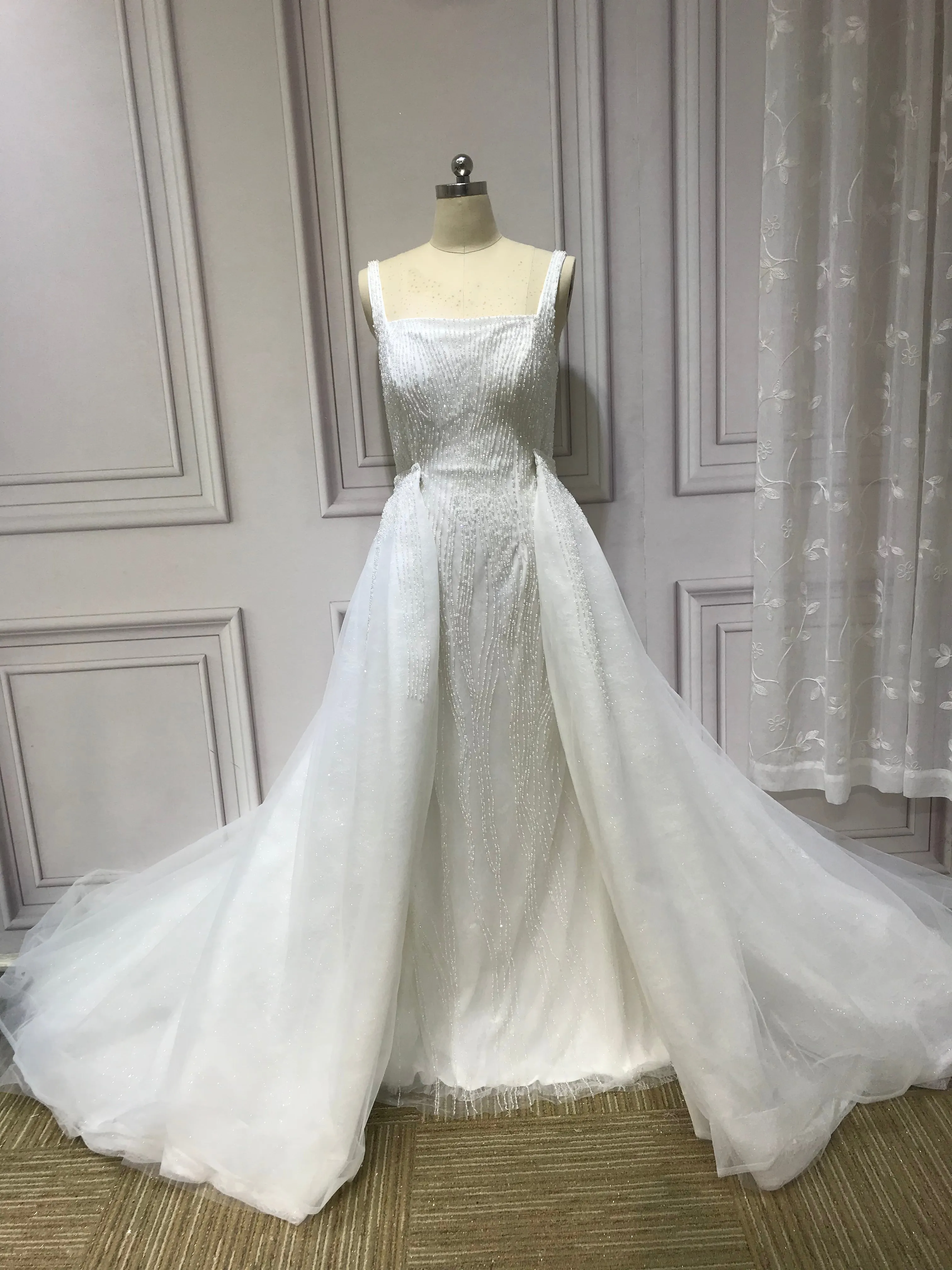 Spaghetti crystals pearls heavy fully beaded mermaid with detachable over skirt two pieces wedding dress 2023