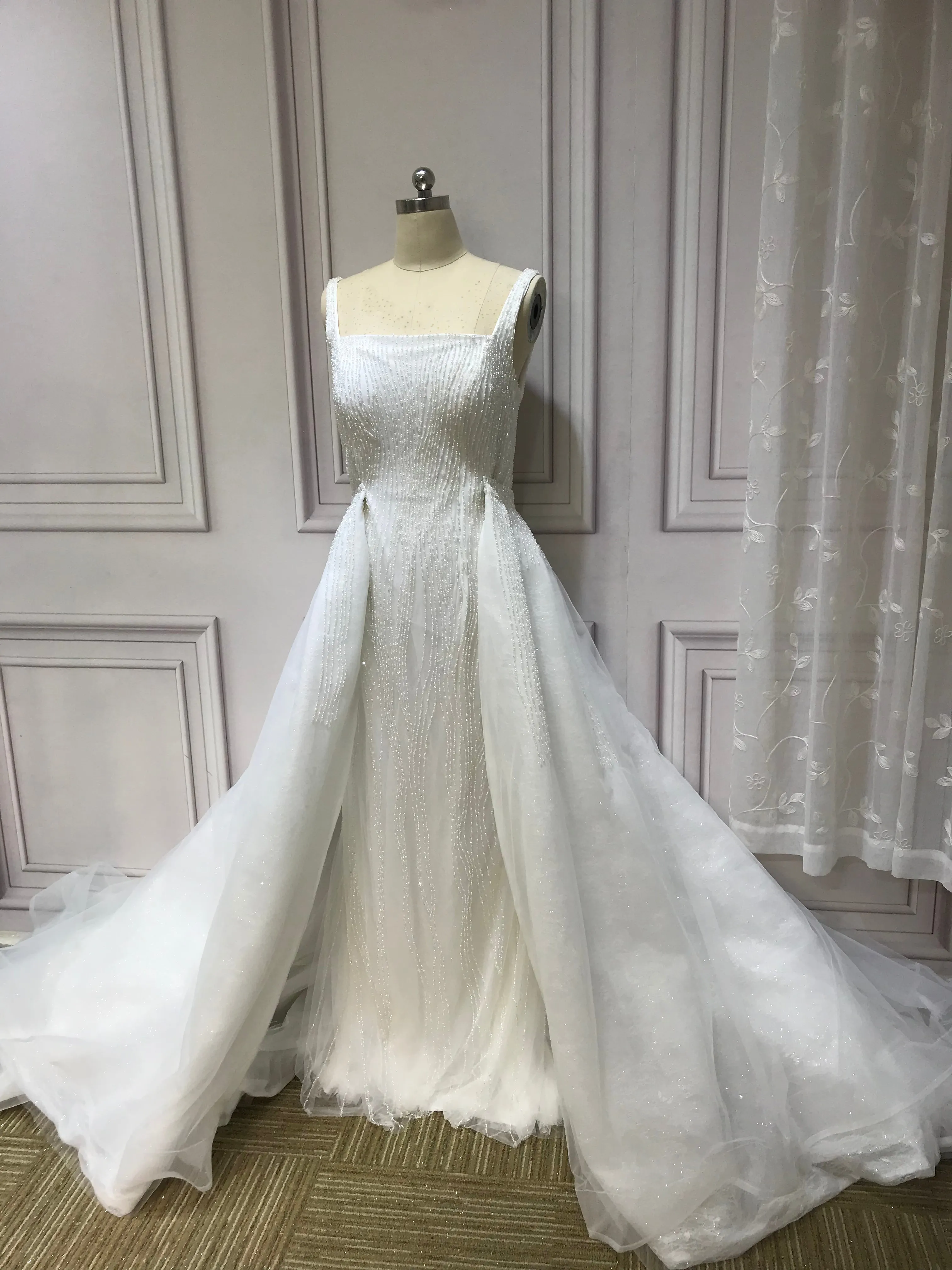 Spaghetti crystals pearls heavy fully beaded mermaid with detachable over skirt two pieces wedding dress 2023