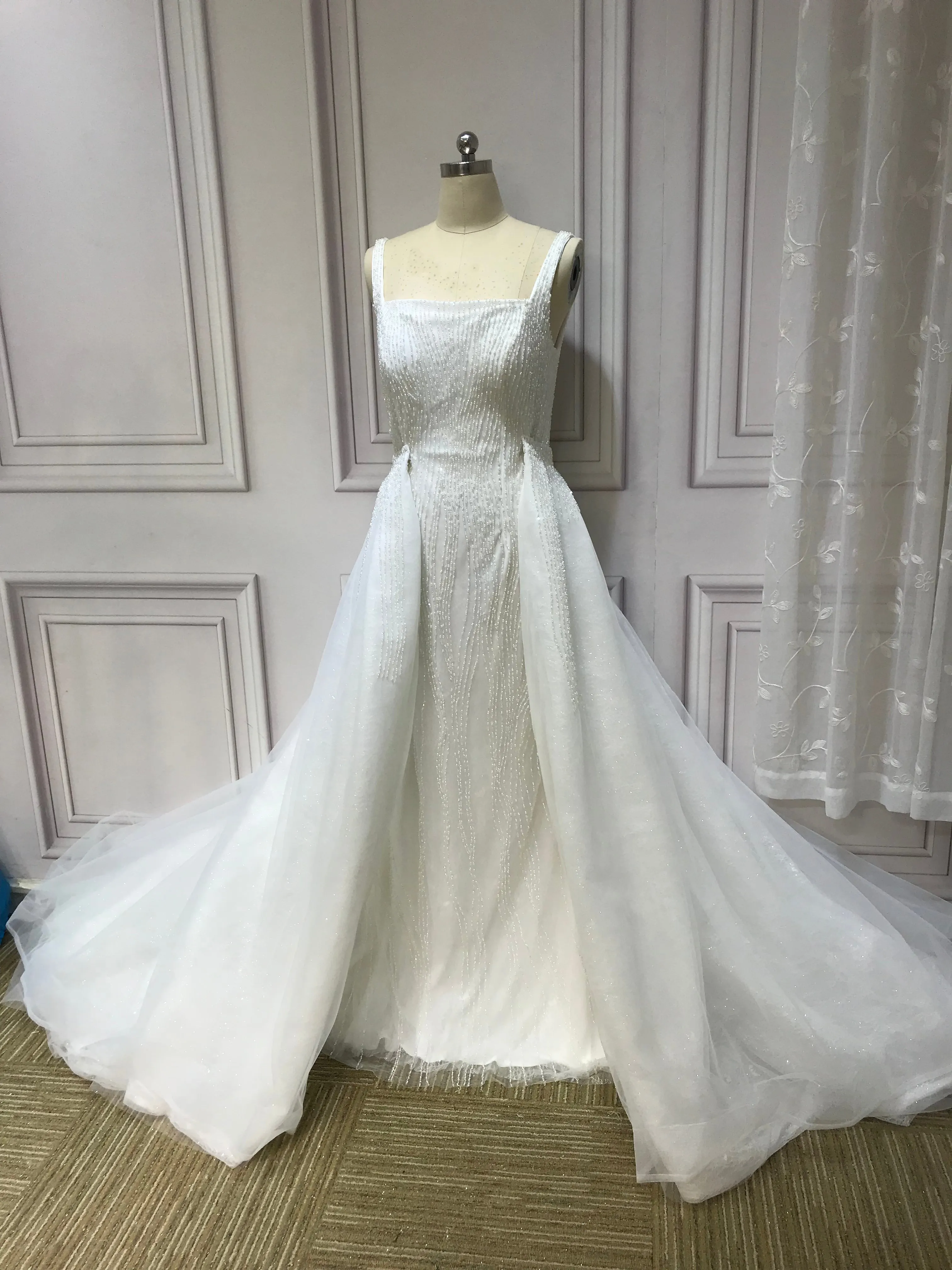 Spaghetti crystals pearls heavy fully beaded mermaid with detachable over skirt two pieces wedding dress 2023