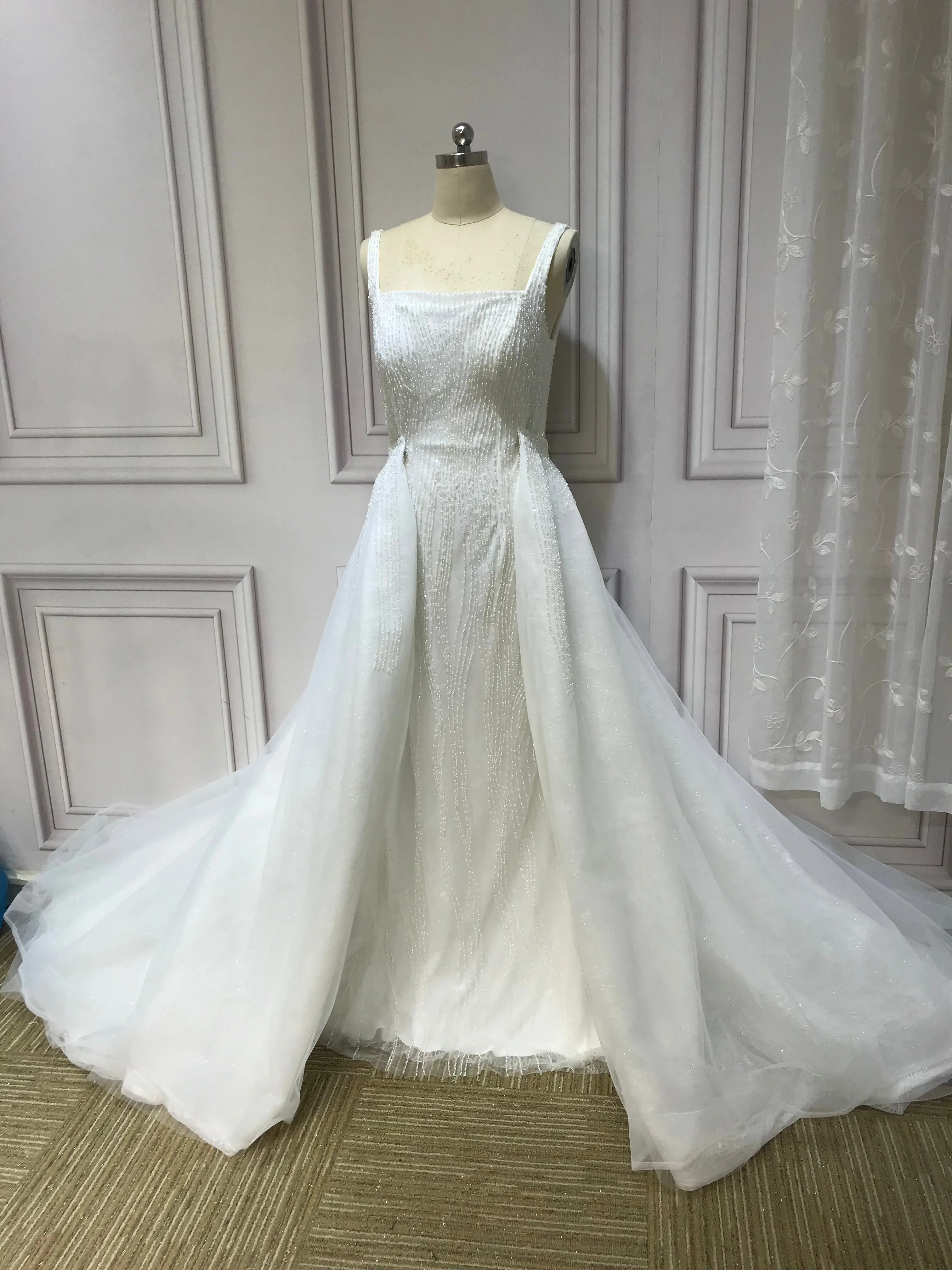 Spaghetti crystals pearls heavy fully beaded mermaid with detachable over skirt two pieces wedding dress 2023