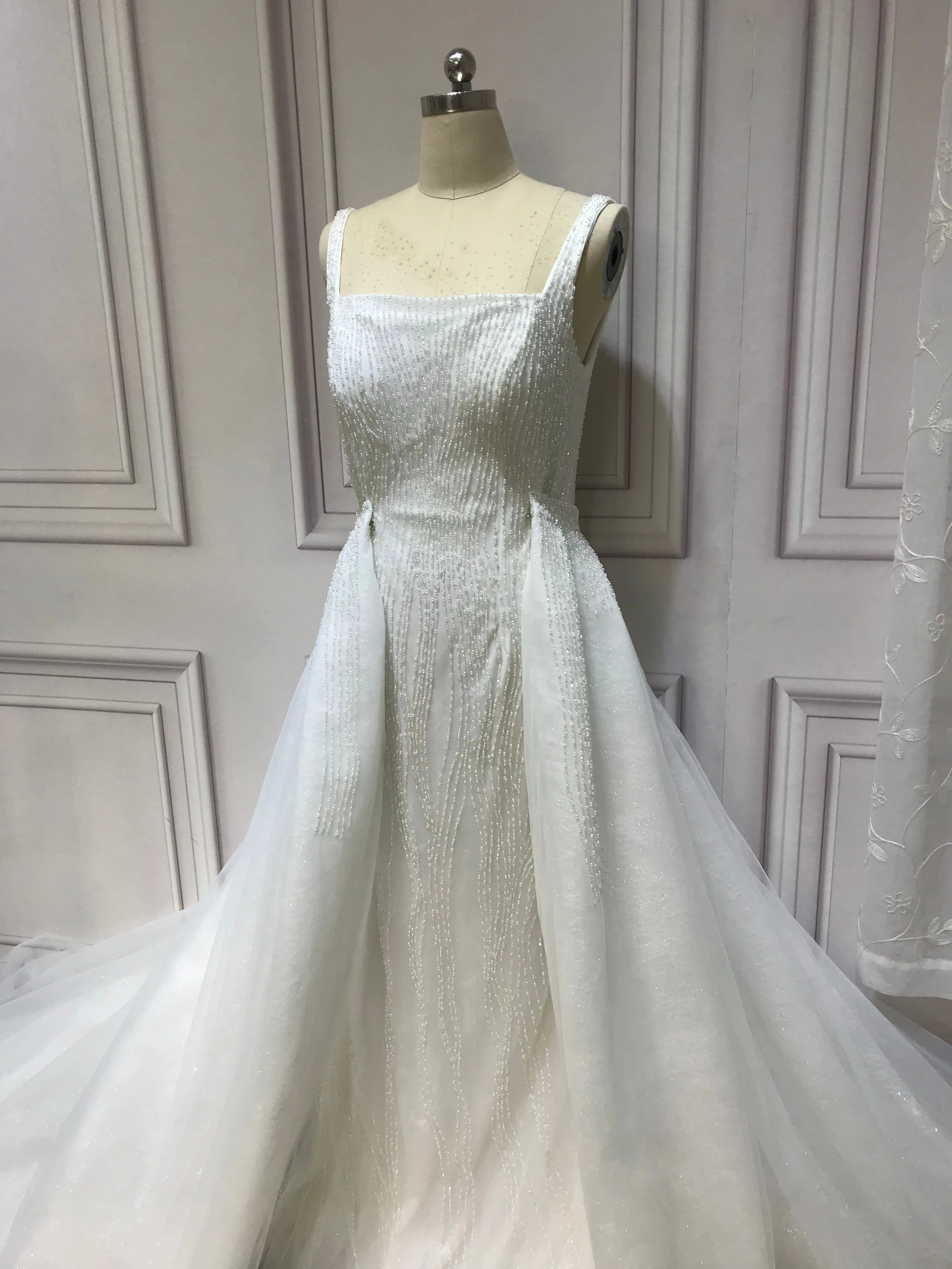 Spaghetti crystals pearls heavy fully beaded mermaid with detachable over skirt two pieces wedding dress 2023