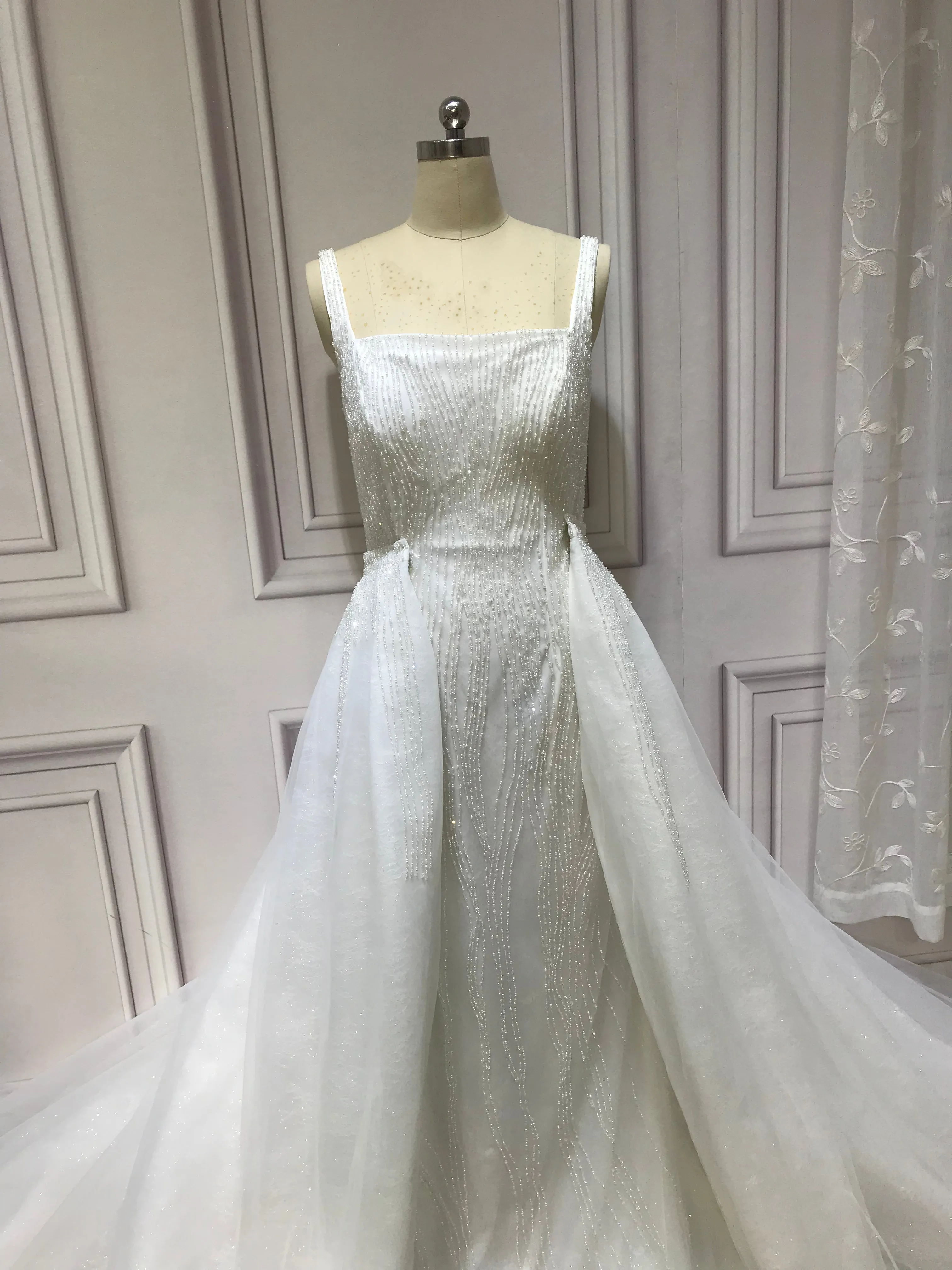 Spaghetti crystals pearls heavy fully beaded mermaid with detachable over skirt two pieces wedding dress 2023