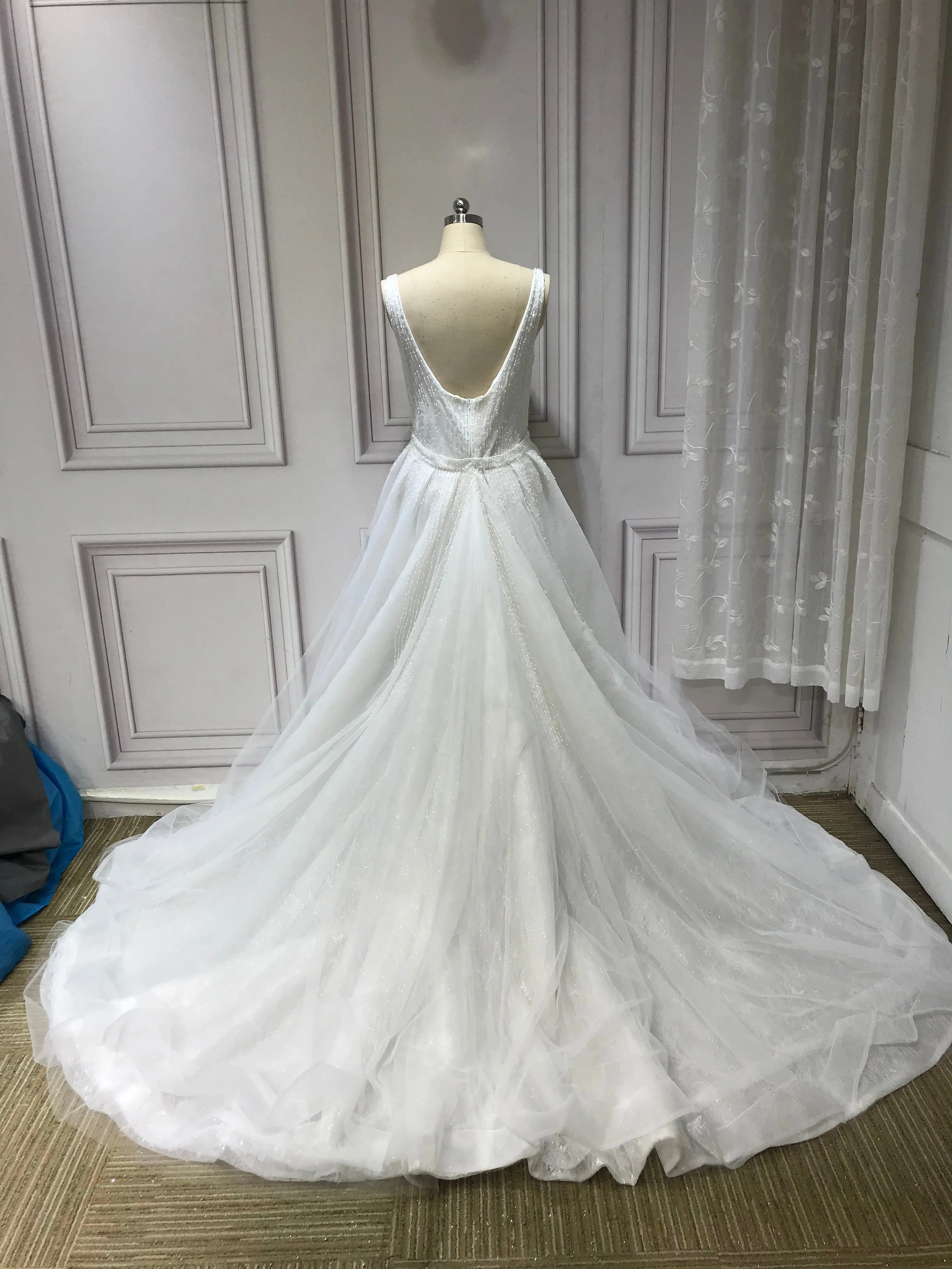 Spaghetti crystals pearls heavy fully beaded mermaid with detachable over skirt two pieces wedding dress 2023