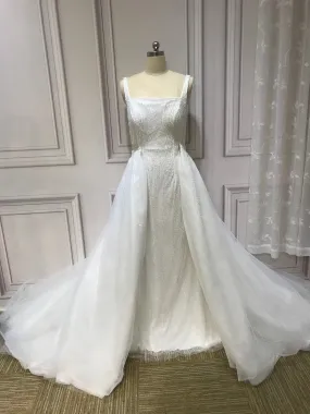 Spaghetti crystals pearls heavy fully beaded mermaid with detachable over skirt two pieces wedding dress 2023