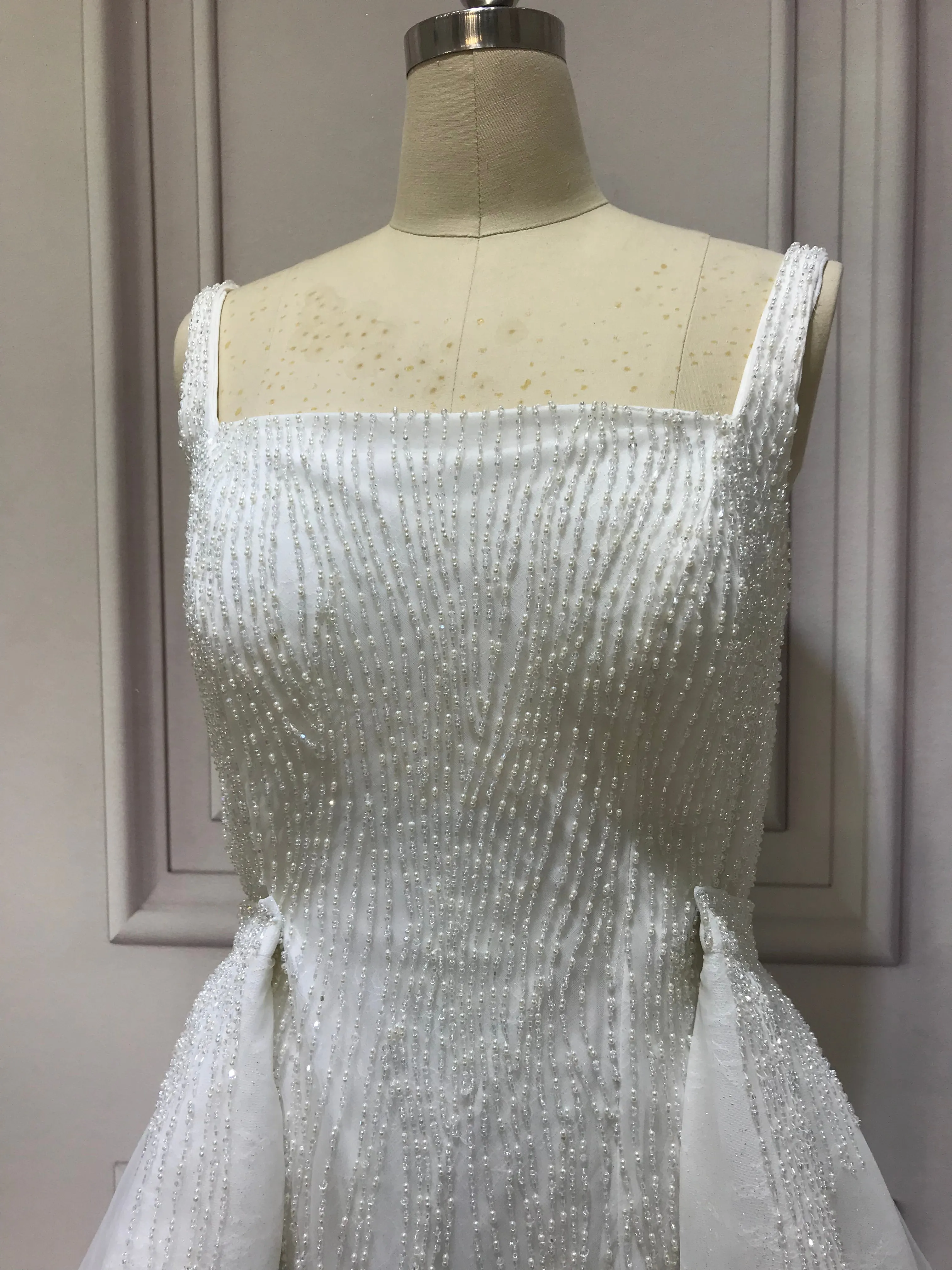 Spaghetti crystals pearls heavy fully beaded mermaid with detachable over skirt two pieces wedding dress 2023