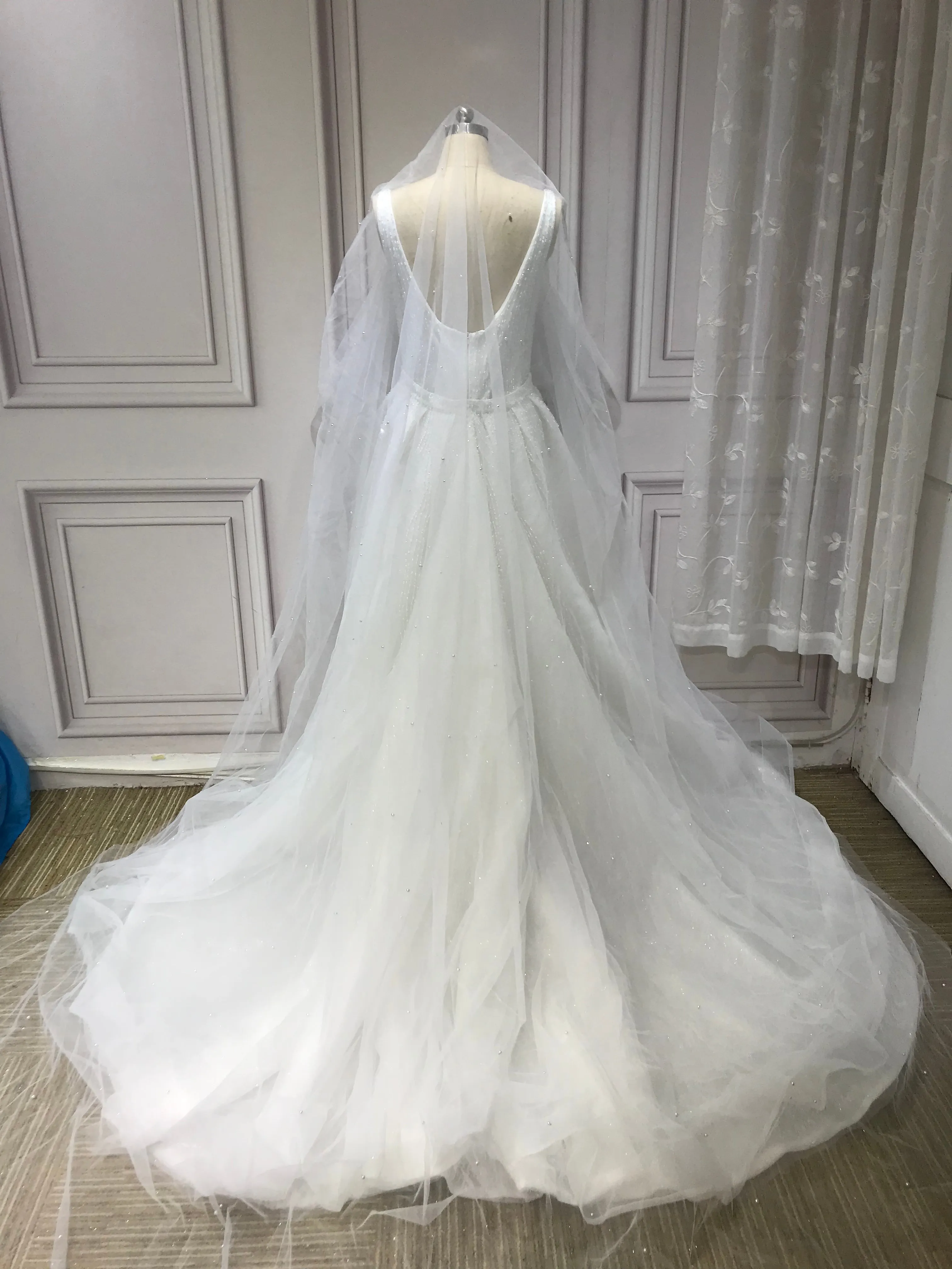 Spaghetti crystals pearls heavy fully beaded mermaid with detachable over skirt two pieces wedding dress 2023