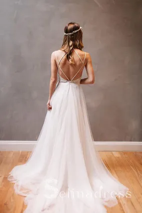 Spaghetti Straps Backless Rustic Lace Wedding Dresses Beach White Wedding Gowns SEW048