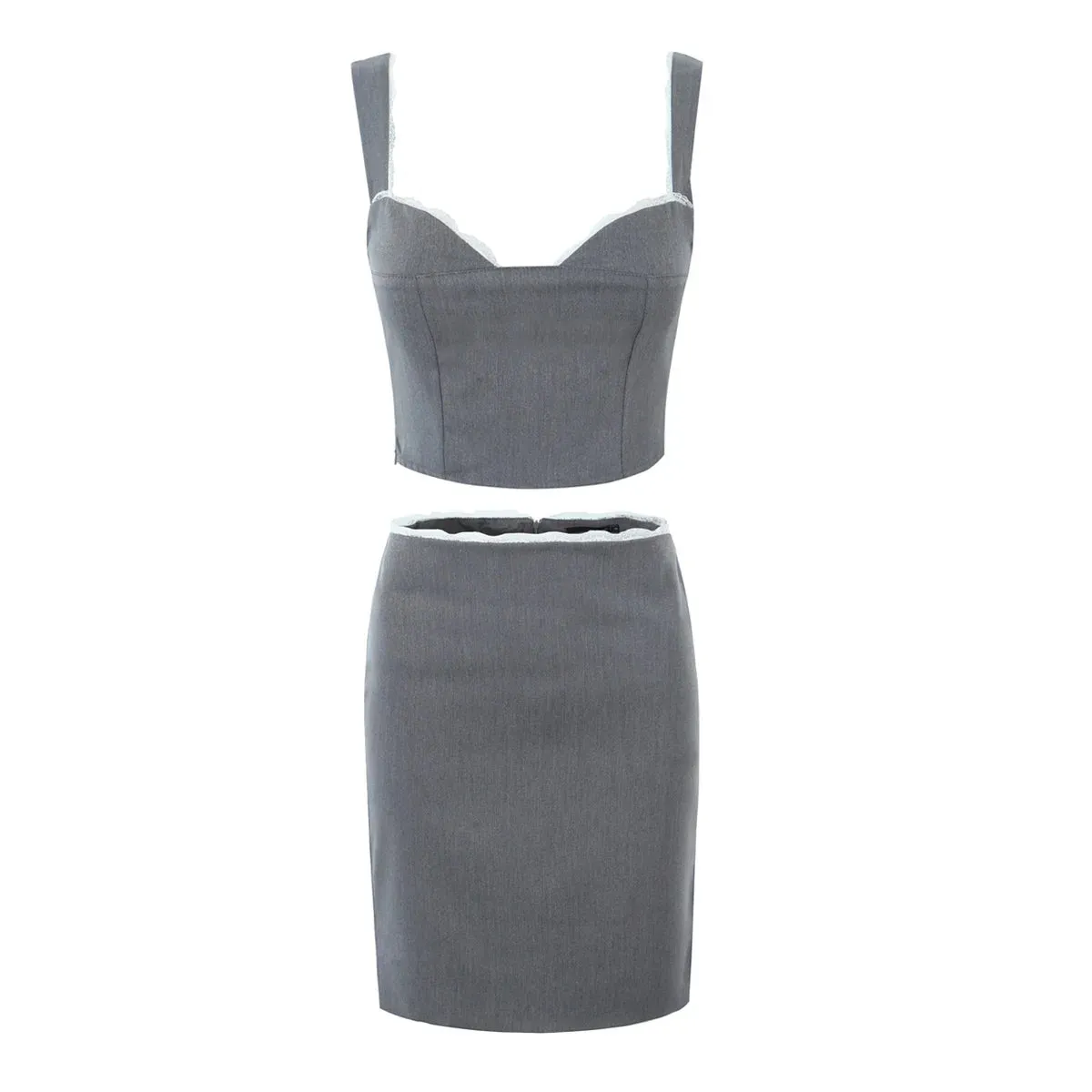 Spliced Lace Top Back Slit Midi Skirt Suits