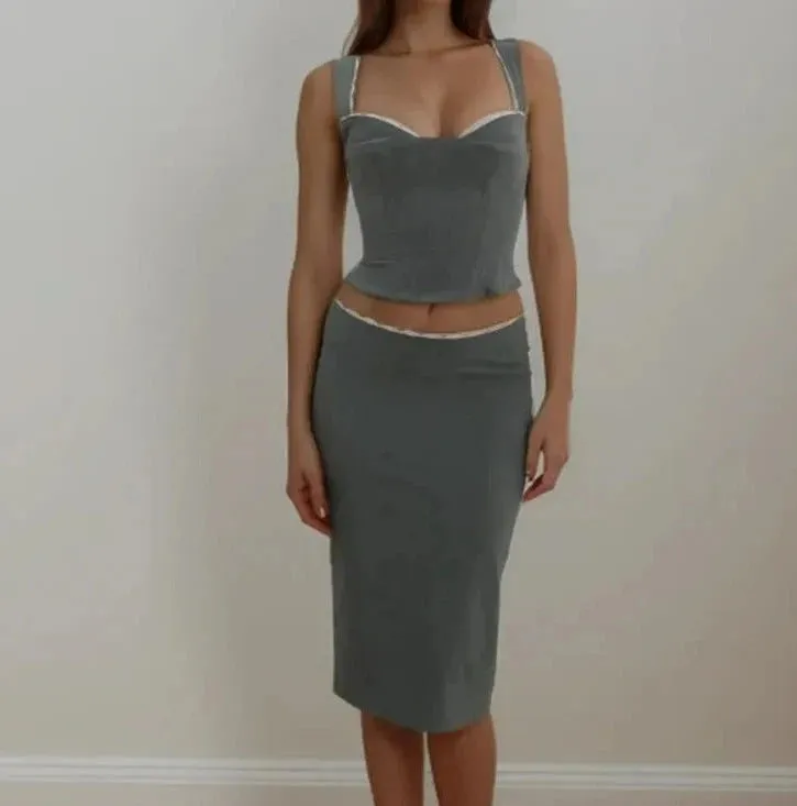 Spliced Lace Top Back Slit Midi Skirt Suits