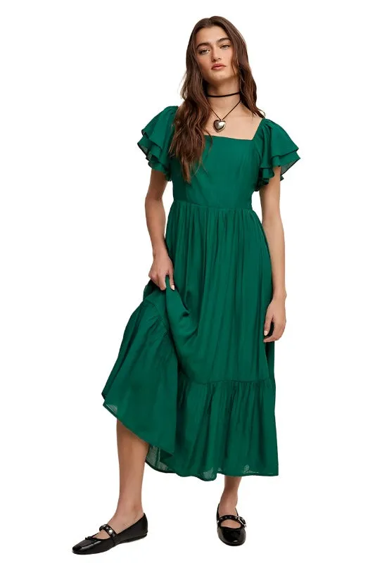 Square Neck Ruffled Short Sleeve Maxi Dress