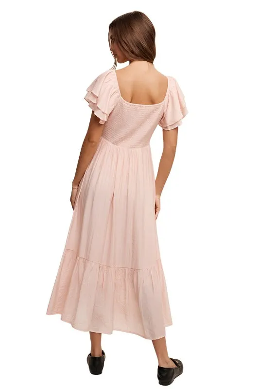 Square Neck Ruffled Short Sleeve Maxi Dress