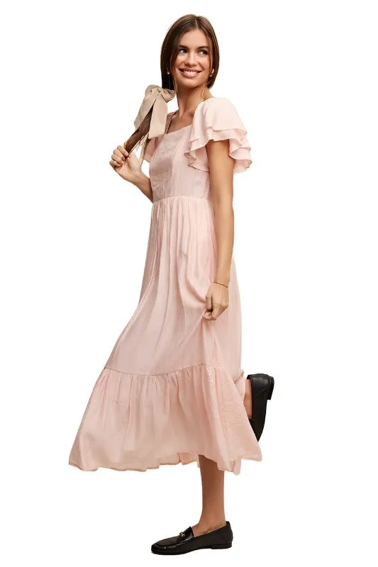 Square Neck Ruffled Short Sleeve Maxi Dress
