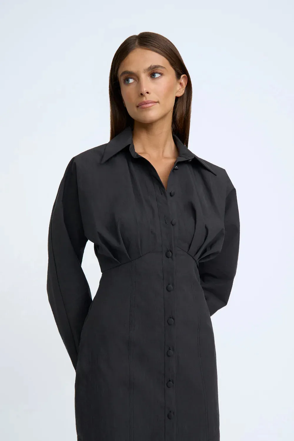 STRUCTURED MINI SHIRT DRESS - BLACK
