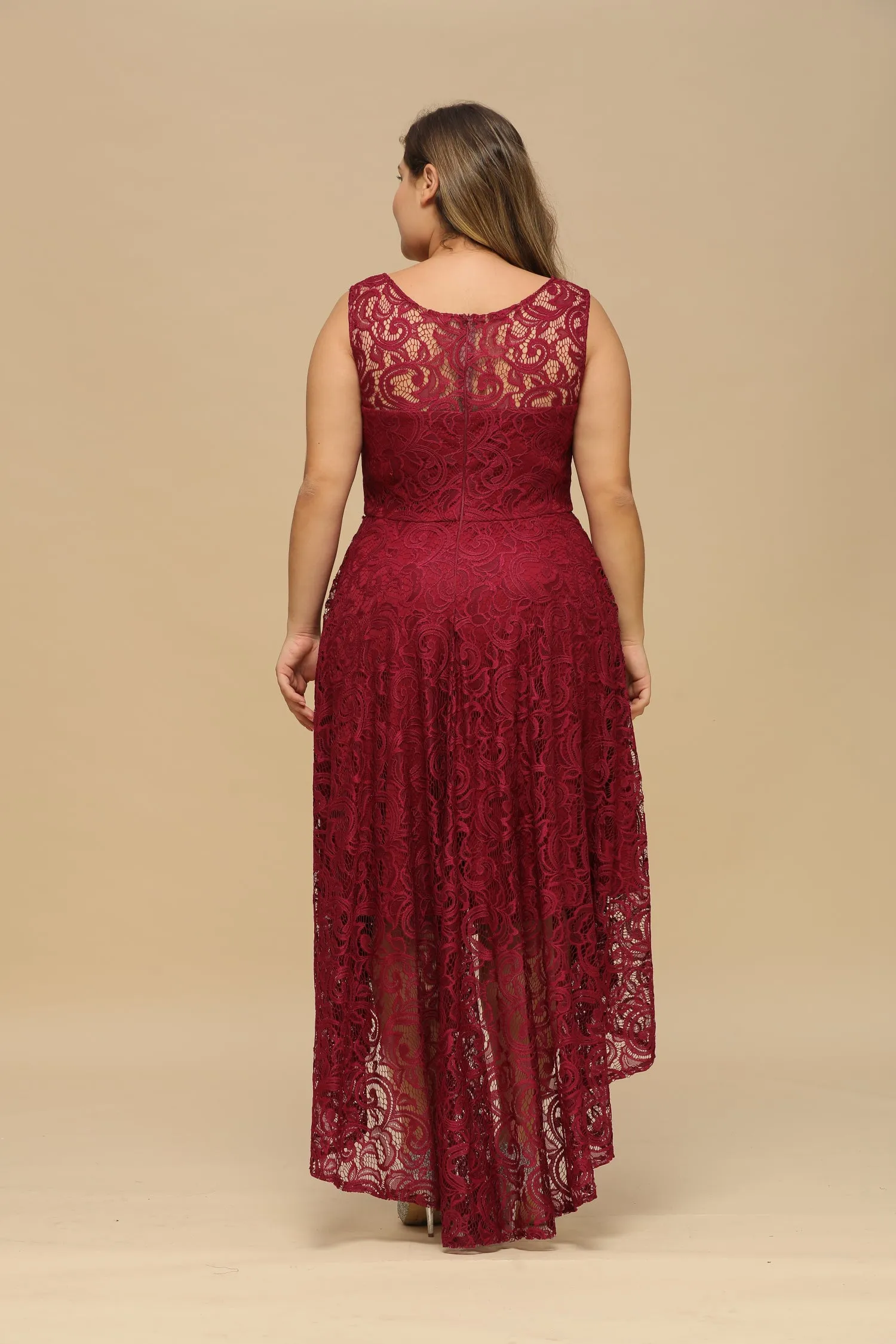 Stylish High Low A line U Neck Sleeveless Lace Formal Dress