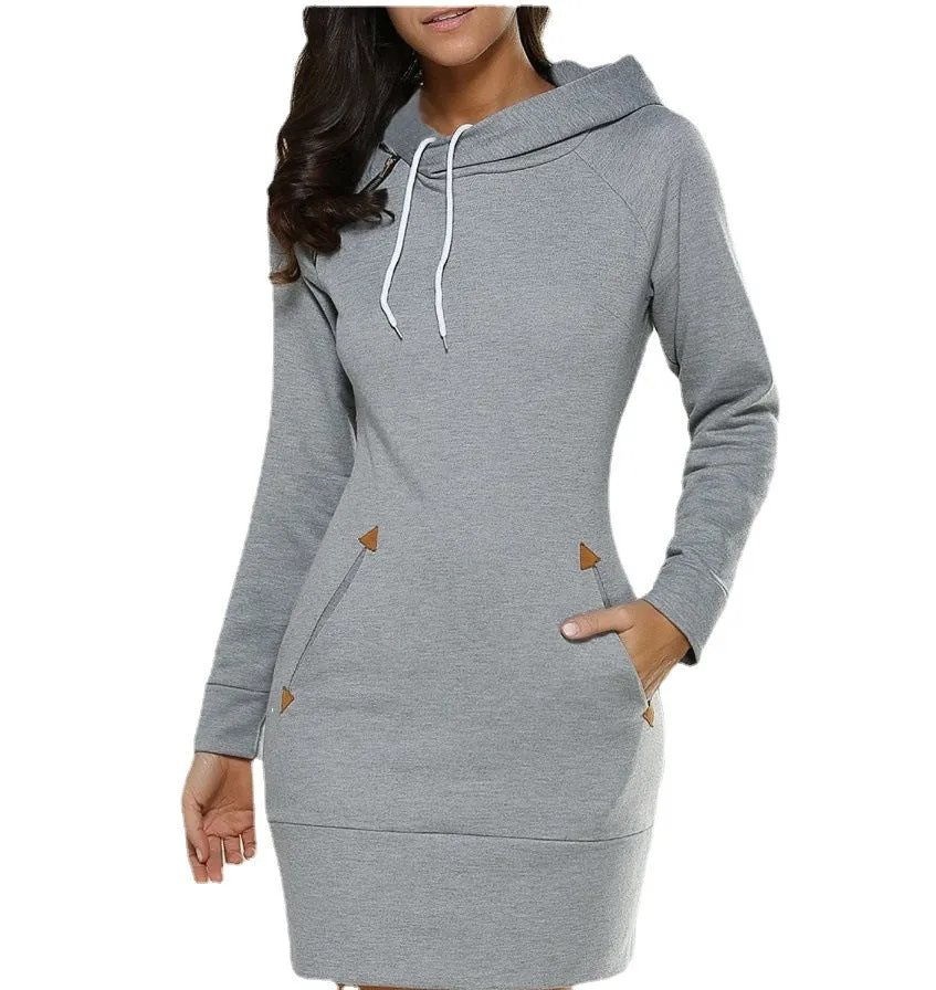 Stylish Hooded Zipper Pullover Mid-length Dress Dresses