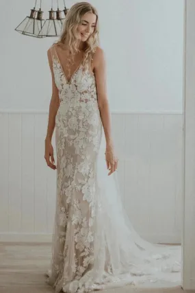 Tulle Sheath V-neck Floral Lace Rustic Wedding Dresses, Wedding Gown, SW672