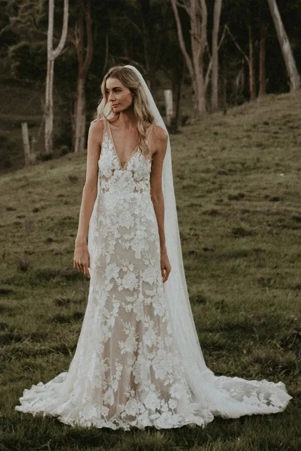 Tulle Sheath V-neck Floral Lace Rustic Wedding Dresses, Wedding Gown, SW672